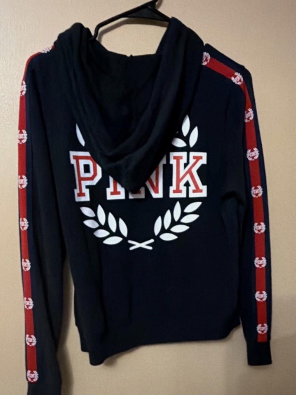 PINK Victoria's Secret Black Hoodie with Red Stripe and White Logo